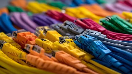 Aufkleber - Close up view of a densely packed bundle of multicolored network patch cables showcasing their vibrant plugs and intricate woven texture