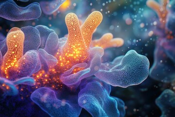 Leinwandbilder - Microscopic view of vibrant, glowing cellular structures, intricate details highlighted.