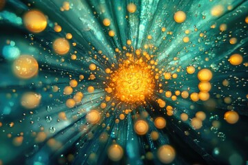 Aufkleber - A mesmerizing burst of golden bubbles against a teal backdrop, radiating light and energy.