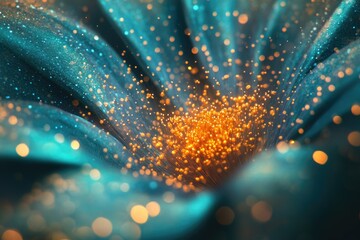 Poster - Abstract teal flower with glowing golden center, resembling fiber optics, bokeh effect.