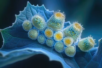 Leinwandbilder - Microscopic view of bubble-like structures on a leaf, showcasing intricate detail and vibrant colors.