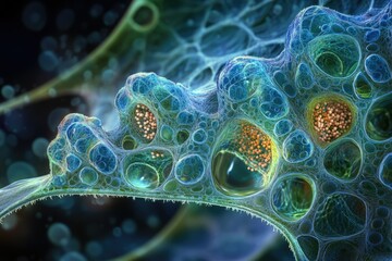 Leinwandbilder - Microscopic view of a complex cellular structure with interconnected compartments and granular inclusions.