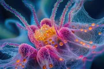 Poster - Vibrant, bioluminescent organism with intricate, dewy structures and web-like formations.