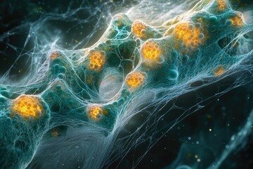 Poster - Abstract microscopic image showing a complex network of cells with glowing orange nuclei.
