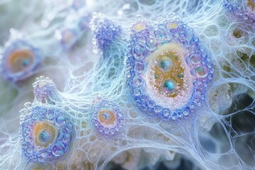 Leinwandbilder - Microscopic view of intricate cellular structures, resembling a network of bubbles and delicate threads.