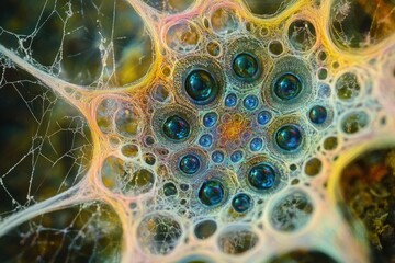 Intricate web-like structure with iridescent bubbles, resembling a fractal pattern.