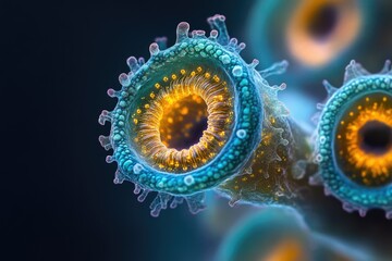 Leinwandbilder - Microscopic view of intricate, vibrant structures resembling bioluminescent organisms or cells.