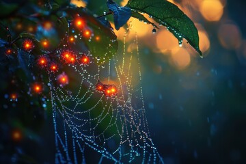 Poster - Dew-kissed spiderweb adorned with glowing berries at sunrise, a magical scene.