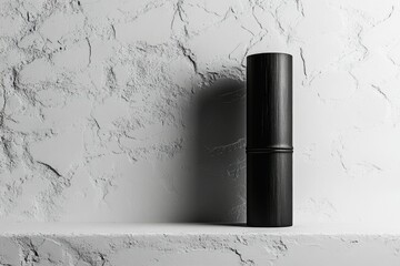 Leinwandbilder - Black cylindrical object on a textured white surface, minimalist and modern aesthetic.