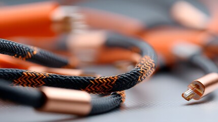 Aufkleber - Closeup photograph of a coiled braided Cat 8 Ethernet cable with intricate woven pattern and metallic shielding highlighting the technical details and design of the networking hardware