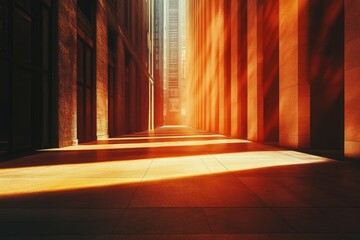 Leinwandbilder - Sunlit urban pathway between tall buildings, creating a dramatic, warm-toned perspective.
