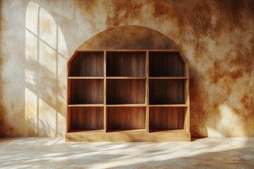 Fototapete - Empty wooden bookshelf with arched top against a textured ochre wall bathed in sunlight.