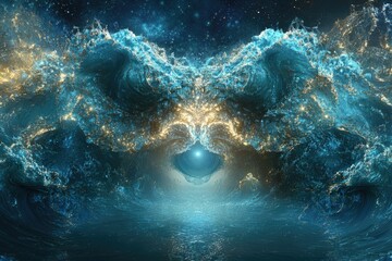 Wall Mural - a mesmerizing cosmic ocean scene with glowing waves forming a symmetrical portal to a bright light, 