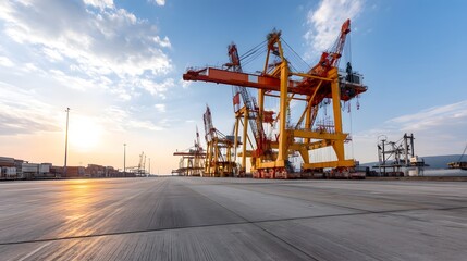 Poster - Wide angle view of a bustling commercial port with multiple large cranes in the scale and activity of a global shipping hub