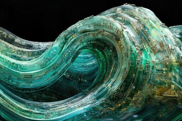 Aufkleber - Abstract artwork depicting a wave formed from circuit boards, symbolizing the flow of data and technology.