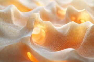 Fototapete - Abstract image of a flowing, translucent fabric with warm lighting, creating a soft, undulating texture.