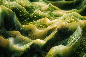 Fototapete - Abstract landscape of undulating green terrain with golden highlights, resembling a digital or organic texture.
