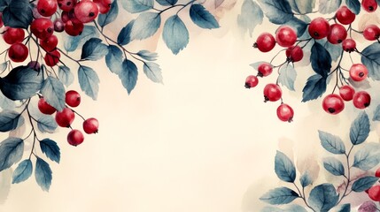 Wall Mural - Elegant watercolour illustration featuring red berries and muted blue leaves creating a decorative frame on a light background, ideal for festive greetings
