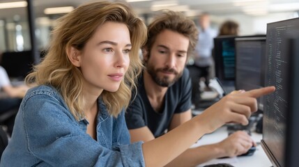 Two colleagues collaborate on a project, focusing on a computer screen displaying code