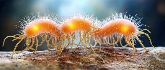 Aufkleber - An orange bacterium colony with flagella is growing on a rough surface.