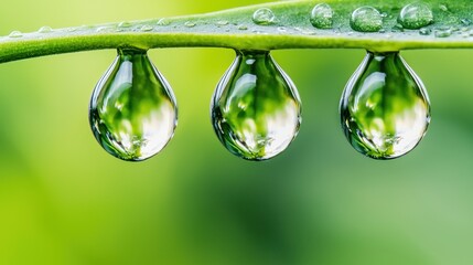 Poster - Three perfect water drops cling to a vibrant green leaf in the sptime.