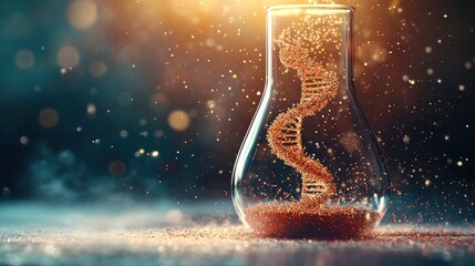 Aufkleber - DNA structure swirls within a flask illuminated by a golden sparkle light.