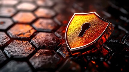 Fototapete - A golden shield with keyhole symbolizes digital security on textured surface.