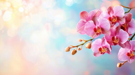 Fototapete - Elegant pink orchid flowers bloom against a dreamy, pastel background scene