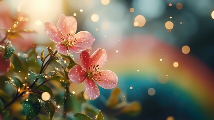 Fototapete - Beautiful pink flowers bloom with a rainbow and bokeh lights in the garden.