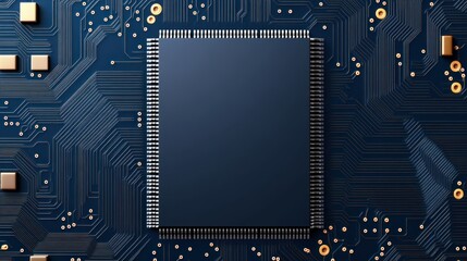 Fototapete - Close up shows an electronic circuit board with microchip at the center.