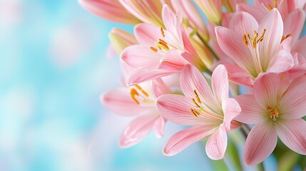 Aufkleber - Beautiful pink lilies blossom with bright orange stamens on blue background.