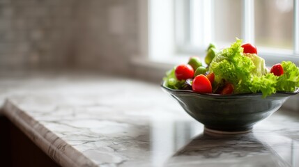 Wall Mural - A fresh salad bowl with colorful vegetables, positioned on a marble kitchen countertop