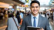 © Erni - Confident businessman in airport terminal, holding tablet, smiling at camera