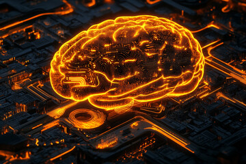 Wall Mural - glowing brain on a circuit board artificial intelligence concept