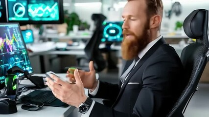 Wall Mural - beard - a bearded tech professional working in a futuristic office, analyzing ai-driven data.