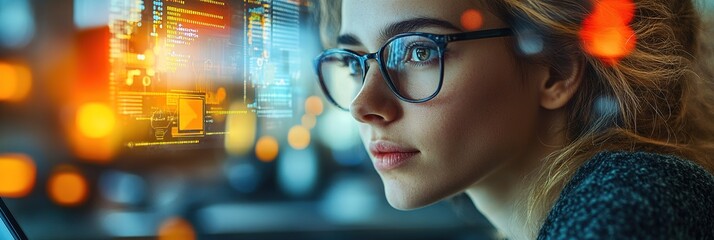 Woman wearing glasses looks at a screen with abstract lights in background.