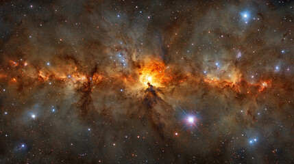 celestial panorama featuring a vibrant cosmic nebula with stardust clouds
