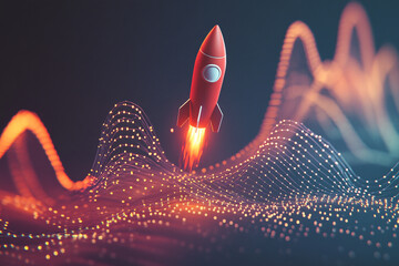 Wall Mural - red rocket launching through glowing data waves digital innovation growth technology