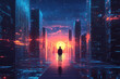 © Tohamina - Futuristic city sunset silhouette man digital art neon lights glowing buildings