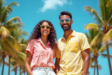 happy man and woman wearing hawaiian shirt smiling on palm beach background. vacation. ai