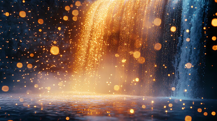 a beautiful blend of nature and science, with a waterfall made of shimmering particles of light that