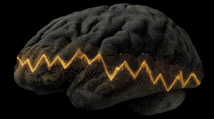 Wall Mural - human brain activity concept with golden waves of energy on dark background