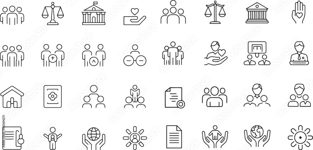 Social and policy line icons set. community, regulation, rights ...