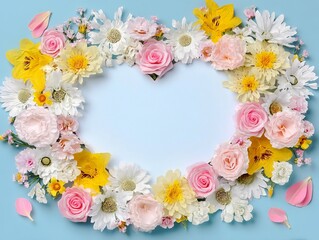 Wall Mural - a frame of paper flowers on a blue background, with a large empty space in the center for text or