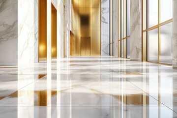 Aufkleber - Modern minimalist interior design featuring large windows and marble flooring with golden accents in a bright, airy space