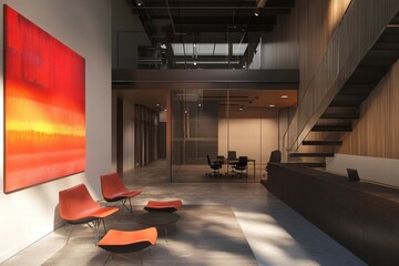 Aufkleber - Modern office interior design featuring comfortable seating and collaborative workspace in a bright urban setting