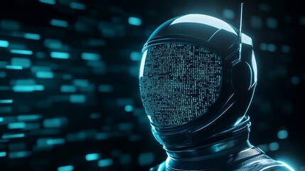 Wall Mural - futuristic astronaut helmet displaying digital code in dark background