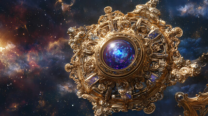 Wall Mural - cosmic carousel top view forms a mandala, warped reality. rich jewel tones meet brass filigree amid 