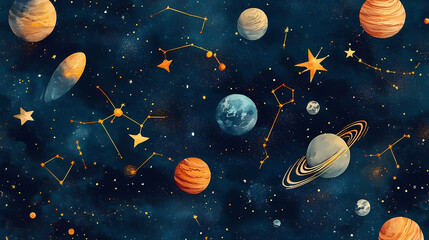 Wall Mural - A seamless design combining constellations, planets, and stars within a starry night textile fabric, illustrating the wonders of the cosmos with a modern touch. Arcane Textile. Illustration