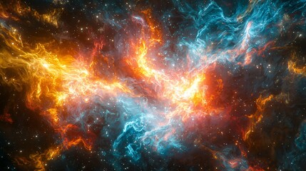 Wall Mural - captivating nebula displaying bright orange and blue colors with ethereal quantum flashes creating a